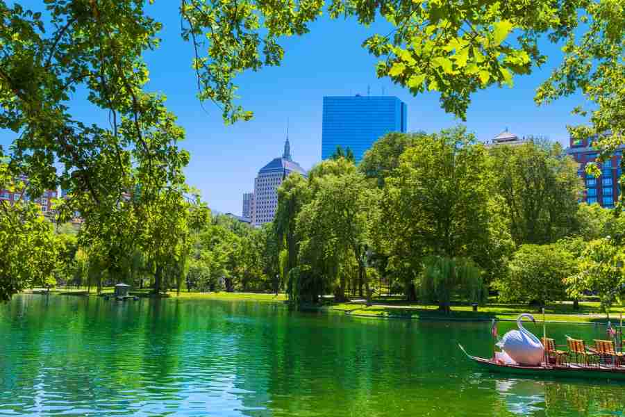 Boston Common e il lago. Sullo sfondo lo skyline di Boston