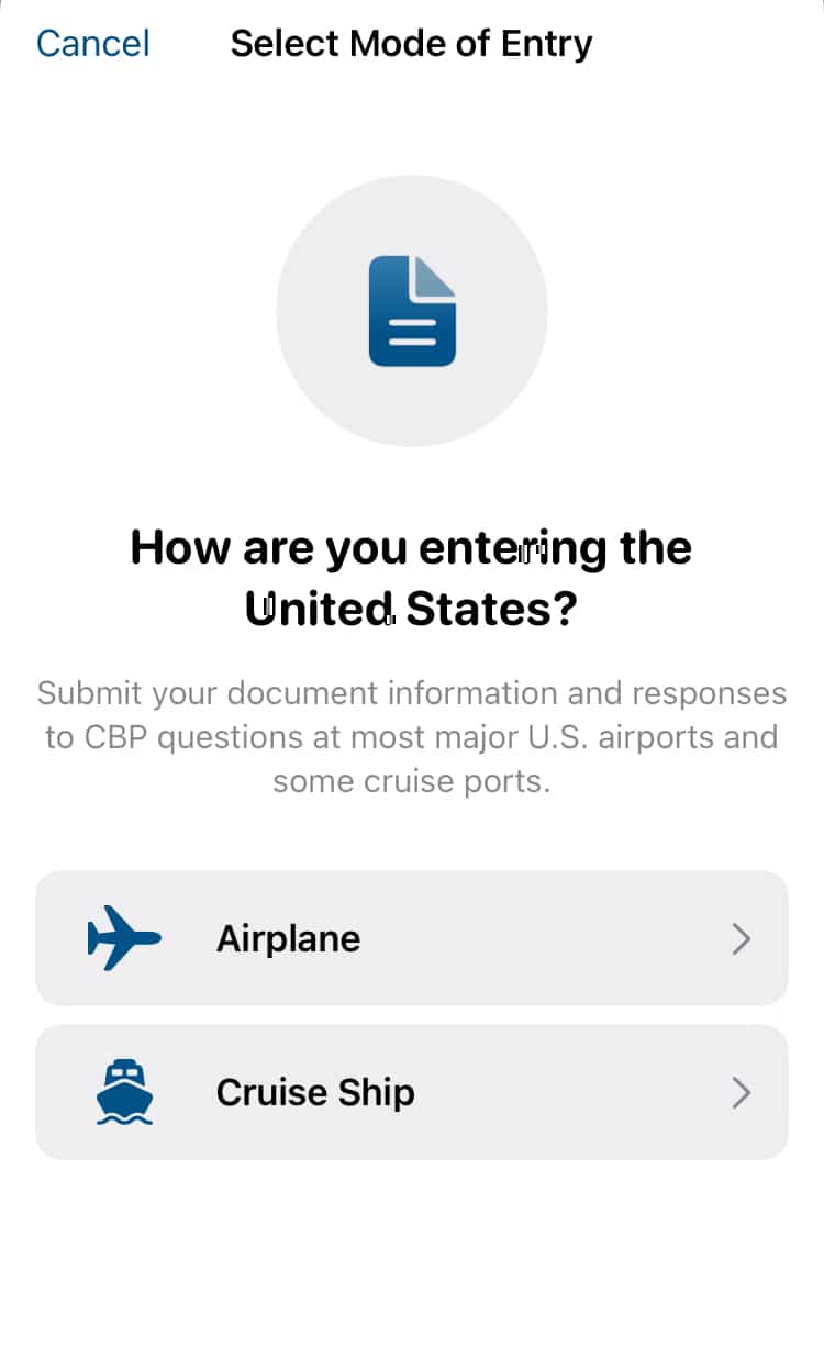 Seleziona come stai entrando negli USA