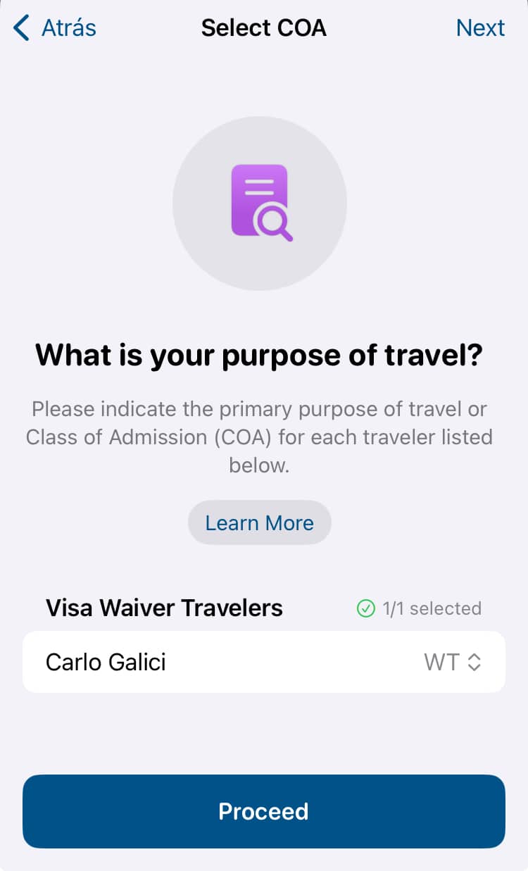 Seleziona lo scopo del tuo viaggio: WT se viaggi per turismo o WB se viaggi per affari