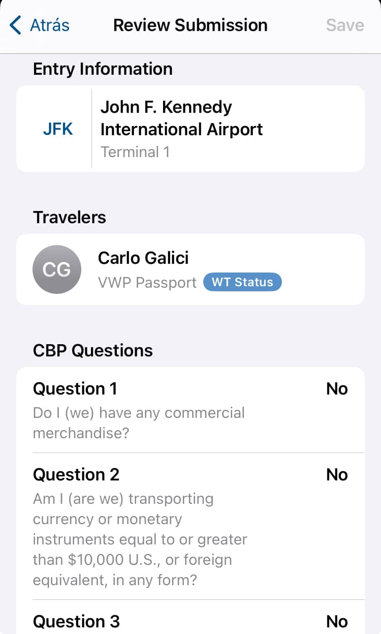 Riepilogo del modulo doganale compilato